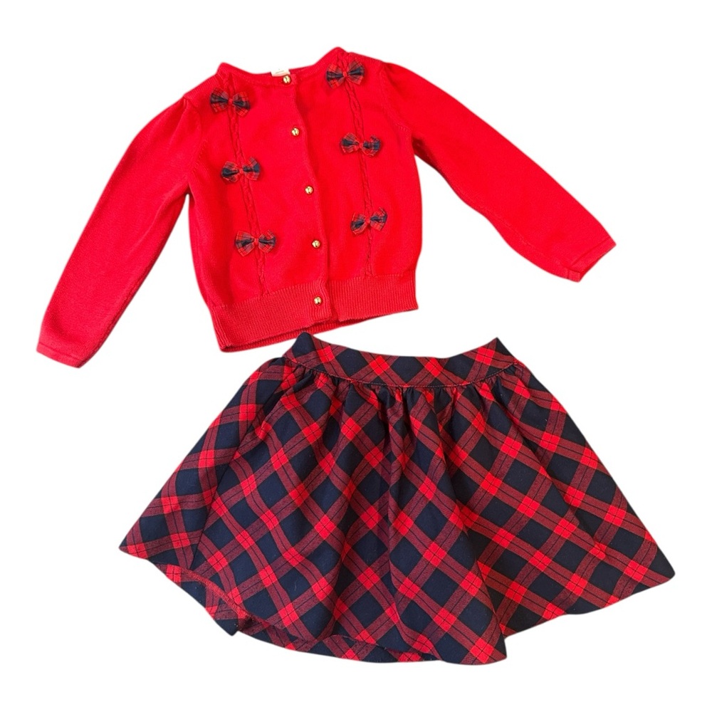 Janie and Jack Toddler’s Girl Holiday Outfit Red Cardigan and Plaid Skirt Set 3T